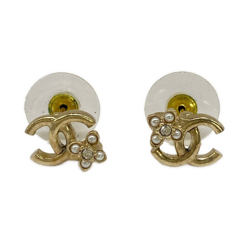 Chanel Coco Earrings Gold White Clear Hardware Faux Pearl Rhinestones - Picture 1 of 6